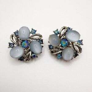 Vintage Lisner Blue Lucite Cabochon & Aurora Borealis Rhinestone Clip Earrings